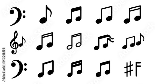 Notes musical icon set with black eighth notes and rests on white background featuring music icons, note symbols,