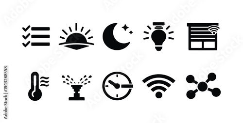 Smart home automation icons checklist sunrise sunset moon light bulb window blinds thermometer sprinkler timer wifi