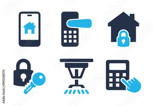 Smart home security icons set for mobile app and website security system illustration