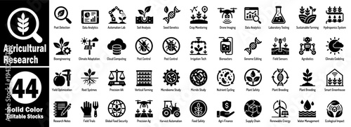 Agricultural research flat vector icons set, solid color editable stocks vector illustrator.