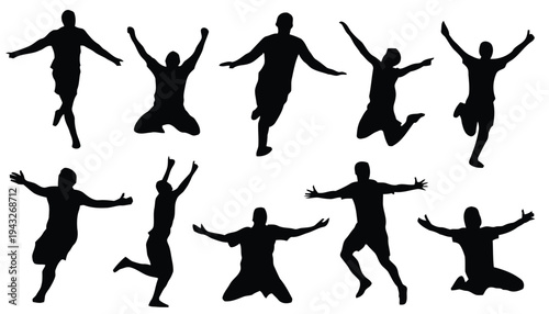 Soccer players silhouettes celebrating goals and victory in dynamic poses showing joy and excitement