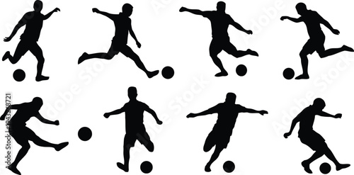 Soccer player silhouettes kicking ball in dynamic action poses, representing sport and athletic movement, on white background.