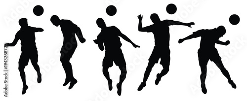 Soccer players silhouettes heading ball during football match isolated on white vector graphic
