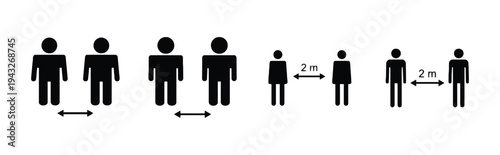 Social distancing icon set showing people keeping safe distance and adhering to guidelines