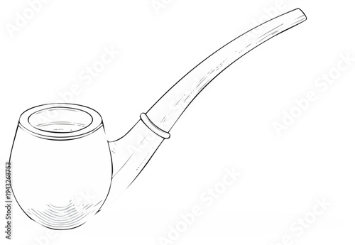A classic curved smoking pipe shown as a black and white line art sketch illustration