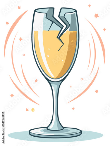 Stylized illustration of a cracked champagne flute filled with bubbly golden liquid surrounded by celebratory sparkles and soft orange arcs.