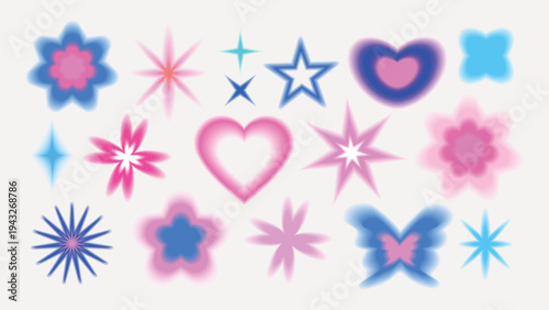 A collection of colorful star, heart, and flower shapes in pink, blue, and purple hues. Includes butterflies and abstract designs on a white background. Cute glowing element set vector.