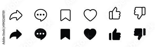 Social media interaction icons: share, comment, bookmark, like, dislike