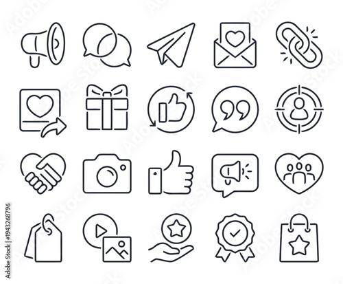 Social media marketing icons collection featuring linear symbols for communication engagement network sharing and digital advertising strategy