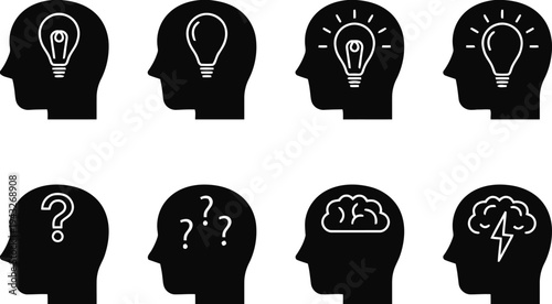 Solid black silhouette icons of human head containing symbols for ideation and critical thinking