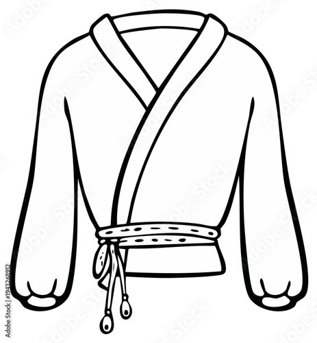 Black and white illustration of a simple kimono robe with a tied belt, perfect for coloring.