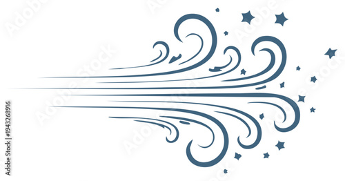 Stylized Blue Wind Gust with Stars, Illustration of a Strong Breeze and its Effects