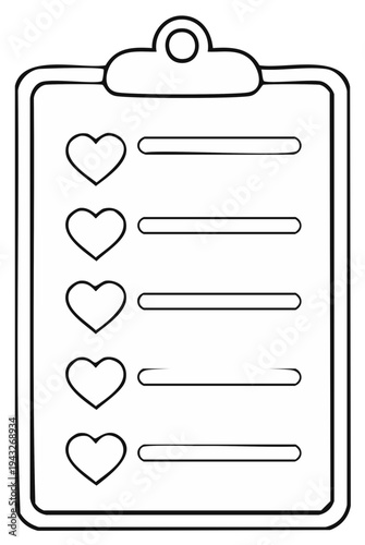 Checklist with Hearts for Favorites. Simple Line Art List with Love Symbols. Positive Feedback and Customer Satisfaction Form