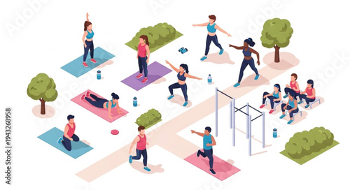 People Exercising Outdoors in Park Setting.