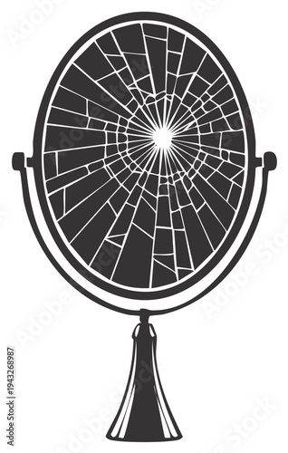 Oval Vanity Mirror with Shattered Glass Surface and Decorative Base