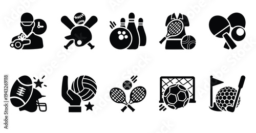 Sports equipment and activity icons for various athletic pursuits and games
