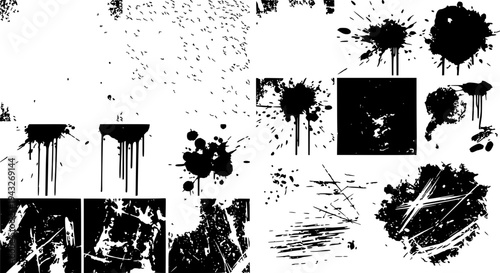 Ink splatter set with black paint drops, drips, and grunge textures on white background. featuring splashes, texture