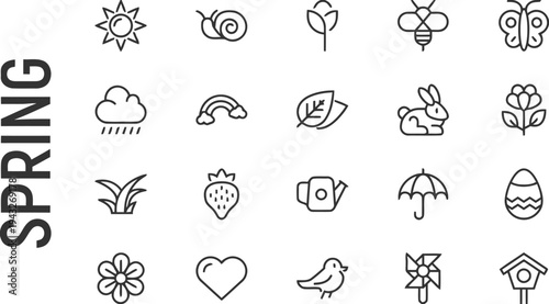 Spring icons set with sun, snail, tulip, bee, butterfly, rain cloud, rainbow, leaves, rabbit and egg