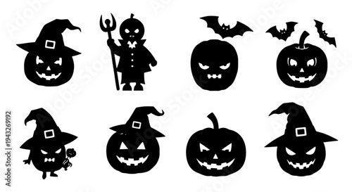 Pumpkins Halloween icons with black silhouettes and spooky faces, bats, and devil character featuring pumpkin,