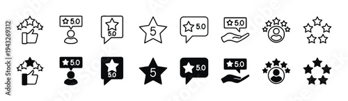 Star rating and review icons, thumbs up, user profiles, and feedback symbols
