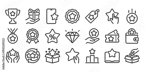 Star reward line icons set, collection of 24 vector symbols representing loyalty programs, bonus points, awards, and customer appreciation