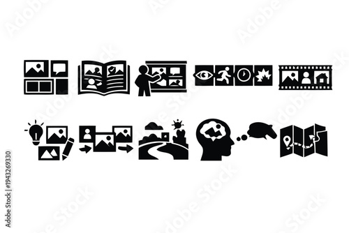 Storytelling and creative process icons showing narrative development and visual sequencing