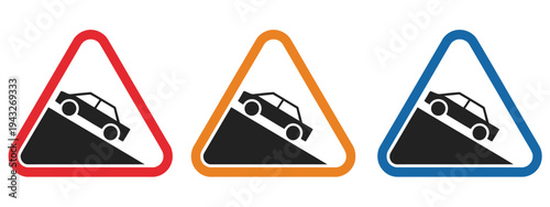 Traffic warning sign for steep incline, red triangle caution symbol, moving vehicle on hill, road safety, traffic training, and informational road sign vector