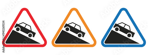 Steep uphill slope warning sign with moving car icon on mountain road, red triangle background, traffic safety sign, road hazard warning, and traffic rules information vector