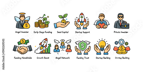Startup funding and investment icons representing business growth and financial support