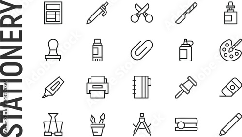 Stationery icons set collection of office and school supplies for writing and drawing