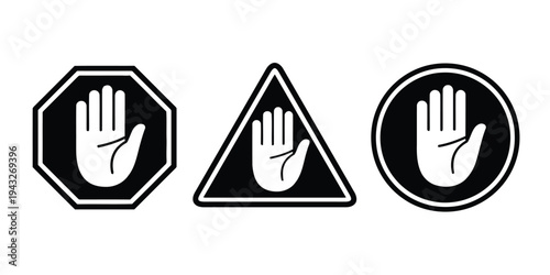 Stop hand sign in octagon triangle and circle shape vector illustration