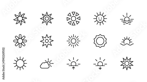 Sun icons collection with various styles, representing weather, heat, and daylight