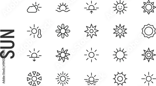 Sun and weather icons in outline style, representing solar energy and climate