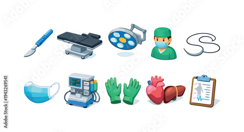 Surgical instruments and medical equipment, scalpel, operating table, lamp, surgeon, patient