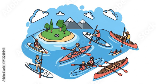 People Paddleboarding and Canoeing Near Island.