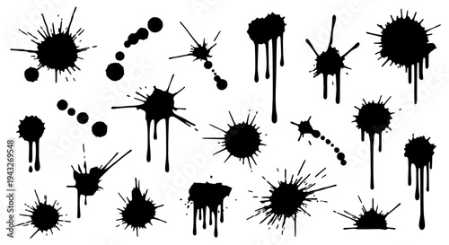 Inkblots black set with splatter and drips on white background, grunge texture featuring ink splatters, graphic