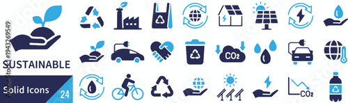 Sustainable living icons with eco-friendly symbols for environmental protection and recycling