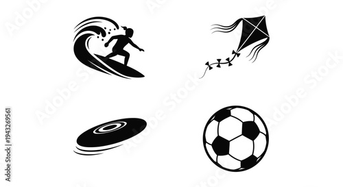 Recreational Sports Activities Icons Set Surfing Kite Frisbee Soccer Ball Silhouette