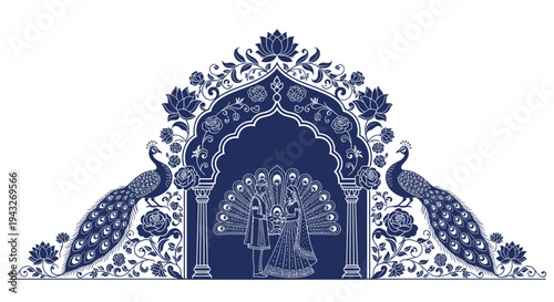 Indian Wedding Arch with Peacocks and Couple Silhouette in Blue Floral Design