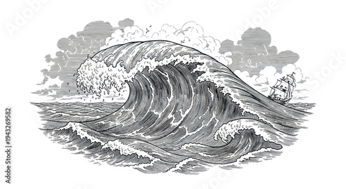 Massive Ocean Wave Crashing with Sailing Ship in Background, Vintage Illustration
