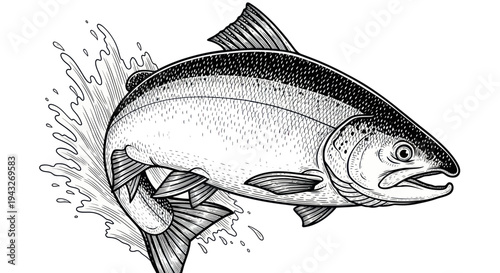 Salmon Fish Jumping Out of Water, Dynamic Splash, Black and White Illustration