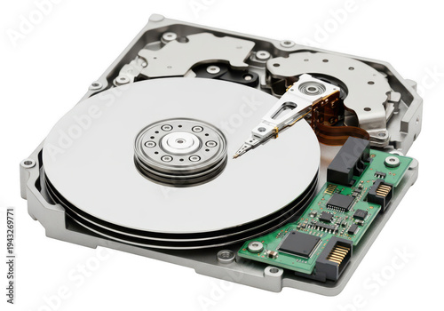 Internal hard disk drive with circuit board and storage disks isolated on transparent background