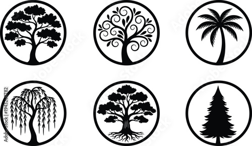 Stylized tree icons collection, black silhouette forest designs, nature illustration set, abstract foliage artwork, eco concept, botanical graphic elements