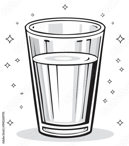 Refreshing glass of water with sparkling highlights in a simple line art illustration style