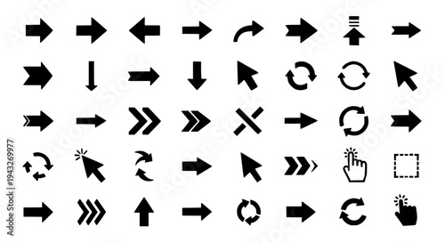 Arrows icon set with various black curved and straight lines for navigation and direction featuring pointers, mouse