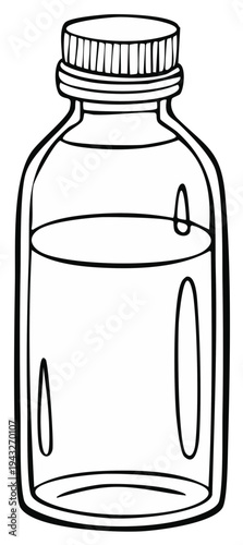 Black and white outline illustration of a glass bottle with liquid and a ribbed cap