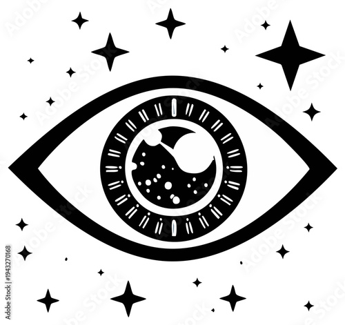 Black and white stylized eye surrounded by stars and cosmic elements representing vision and mystery