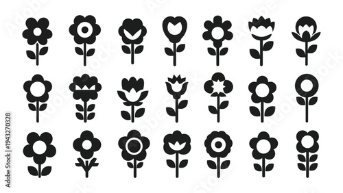 Floral Collection of Silhouettes: A curated collection of stylized flower silhouettes, showcasing an array of different flower shapes and forms for design applications. 