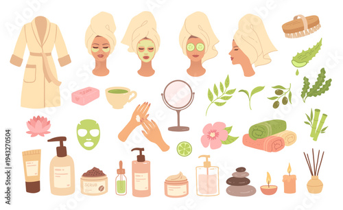 Vector illustration of spa and skincare icons set. Flat design beauty collection isolated object.