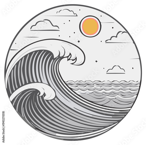Stylized Illustration of Ocean Wave in a Circle with Sun and Clouds